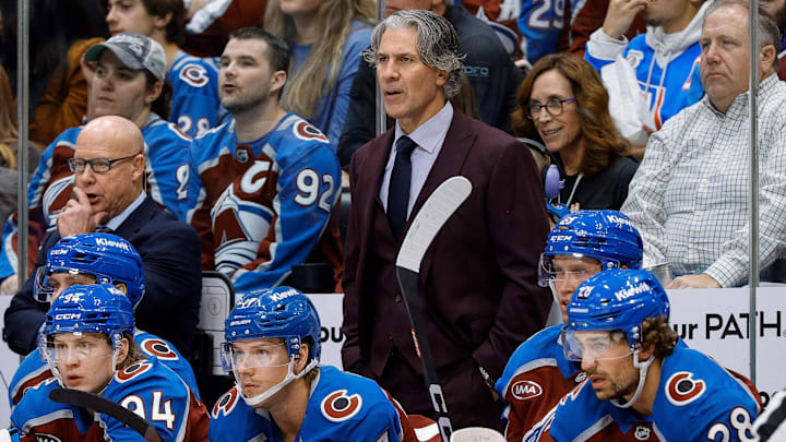 Oct 27, 2024; Denver, Colorado, USA; Colorado Avalanche head coach Jared Bednar in the first period against the Ottawa Senators at Ball Arena. Mandatory Credit: Isaiah J. Downing-Imagn Images