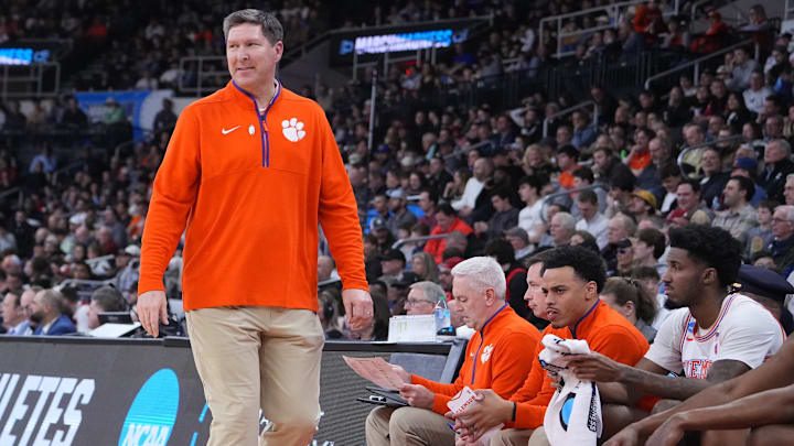 Mar 20, 2025; Providence, RI, USA; Clemson Tigers head coach Brad Brownell looks during the first half against the McNeese State Cowboys at Amica Mutual Pavilion. Mandatory Credit: Gregory Fisher-Imagn Images