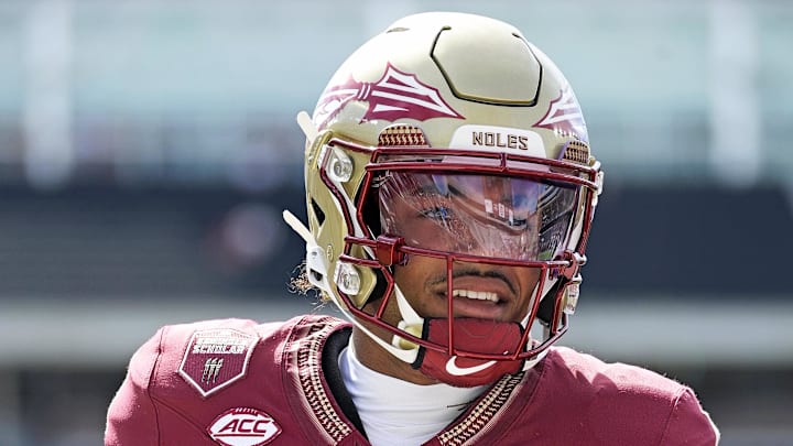 Sep 6, 2025; Tallahassee, Florida, USA; Florida State Seminoles quarterback Tommy Castellanos (1) before the game against the East Texas A&M Lions at Doak S. Campbell Stadium. Mandatory Credit: Melina Myers-Imagn Images