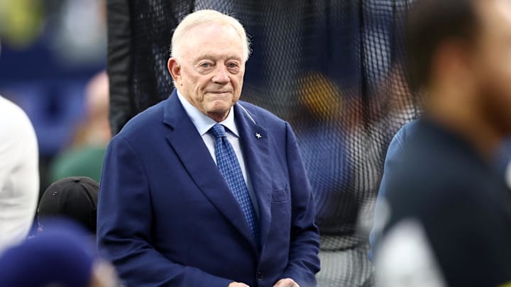 Sep 28, 2025; Arlington, Texas, USA; Dallas Cowboys owner Jerry Jones looks on before the game against the Green Bay Packers at AT&T Stadium. Mandatory Credit: Kevin Jairaj-Imagn Images