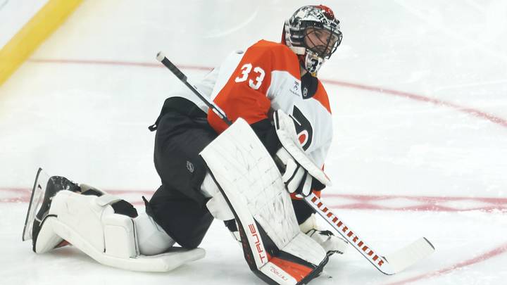 Apr 18, 2026; Pittsburgh, Pennsylvania, USA; Philadelphia Flyers goaltender Samuel Ersson (33) warms up against the Pittsburgh Penguins before game one of the first round of the 2026 Stanley Cup Playoffs at PPG Paints Arena. Mandatory Credit: Charles LeClaire-Imagn Images Apr 18, 2026; Pittsburgh, Pennsylvania, USA; Philadelphia Flyers goaltender Samuel Ersson (33) warms up against the Pittsburgh Penguins before game one of the first round of the 2026 Stanley Cup Playoffs at PPG Paints Arena. Mandatory Credit: Charles LeClaire-Imagn Images