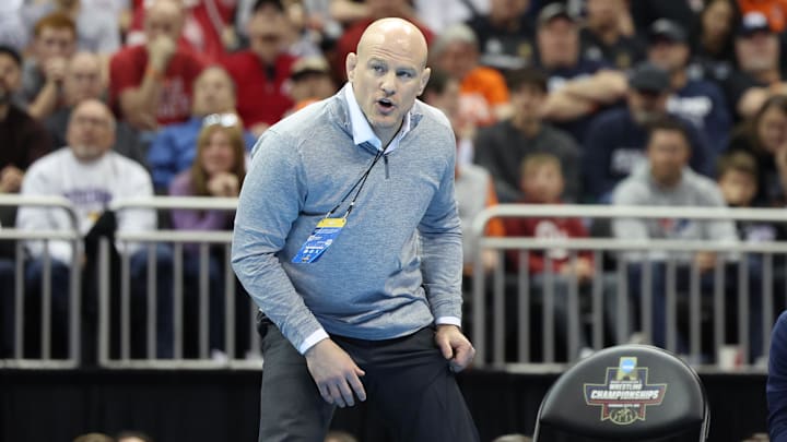 Penn State wrestling coach Cael Sanderson gives instructions during the 2024 NCAA Wrestling Championships.