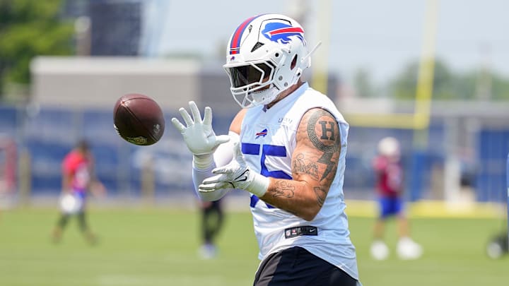 Jun 11, 2025; Orchard Park, NY, USA; Buffalo Bills defensive end Michael Hoecht (55) makes a catch during Minicamp at Highmark Stadium. Mandatory Credit: Gregory Fisher-Imagn Images