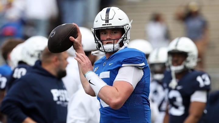 Penn State Nittany Lions quarterback Drew Allar throws a pass during warmups prior to the Blue-White spring game at Beaver Stadium. 