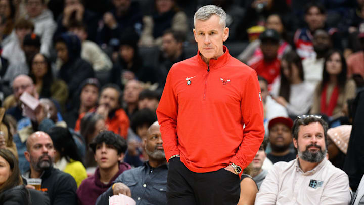 Jan 1, 2025; Washington, District of Columbia, USA; Chicago Bulls head coach Billy Donovan looks on during the second quarter against the Washington Wizards at Capital One Arena. Mandatory Credit: Reggie Hildred-Imagn Images