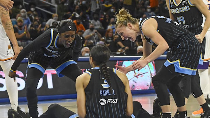 Oct 17, 2021; Chicago, Illinois, USA; Chicago Sky guard/forward Kahleah Copper (2) and Chicago Sky guard Courtney Vandersloot (22) yell at Chicago Sky forward/center Candace Parker (3) during the first half of game four of the 2021 WNBA Finals against the Phoenix Mercury at Wintrust Arena. Mandatory Credit: Matt Marton-Imagn Images Oct 17, 2021; Chicago, Illinois, USA; Chicago Sky guard/forward Kahleah Copper (2) and Chicago Sky guard Courtney Vandersloot (22) yell at Chicago Sky forward/center Candace Parker (3) during the first half of game four of the 2021 WNBA Finals against the Phoenix Mercury at Wintrust Arena. Mandatory Credit: Matt Marton-Imagn Images