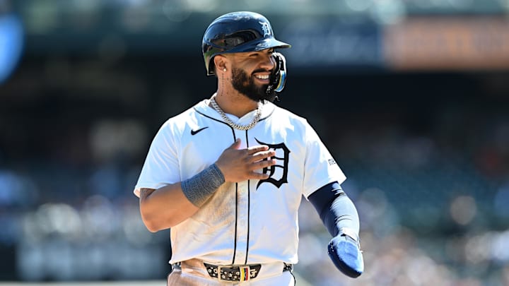 Apr 27, 2025; Detroit, Michigan, USA;  Detroit Tigers second baseman Gleyber Torres (25) celebrates after driving in two runs with a double against the Baltimore Orioles in the seventh inning at Comerica Park.