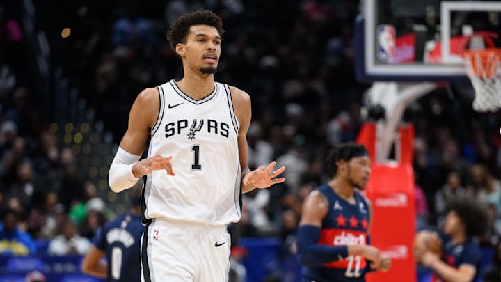 Feb 10, 2025; Washington, District of Columbia, USA; San Antonio Spurs center Victor Wembanyama (1) reacts after making a three point field goal during the first quarter against the Washington Wizards at Capital One Arena. Mandatory Credit: Reggie Hildred-Imagn Images