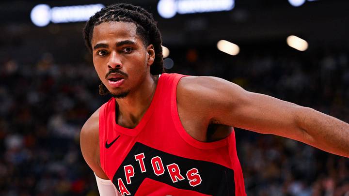 Oct 3, 2026; Quebec City, Quebec, CAN;  Toronto Raptors forward Collin Murray-Boyles (30) looks on against the Miami Heat during the first quarter at Videotron Centre.  Mandatory Credit: David Kirouac-Imagn Images
