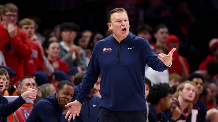 Dec 9, 2025; Columbus, Ohio, USA; Illinois Fighting Illini head coach Brad Underwood reacts to a call during the first half against the Ohio State Buckeyes Value City Arena. Mandatory Credit: Joseph Maiorana-Imagn Images Dec 9, 2025; Columbus, Ohio, USA; Illinois Fighting Illini head coach Brad Underwood reacts to a call during the first half against the Ohio State Buckeyes Value City Arena. Mandatory Credit: Joseph Maiorana-Imagn Images
