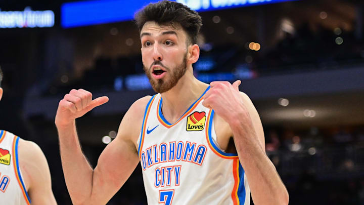 Mar 16, 2025; Milwaukee, Wisconsin, USA;  Oklahoma City Thunder center Chet Holmgren (7) reacts in the fourth quarter against the Milwaukee Bucks at Fiserv Forum. Mandatory Credit: Benny Sieu-Imagn Images