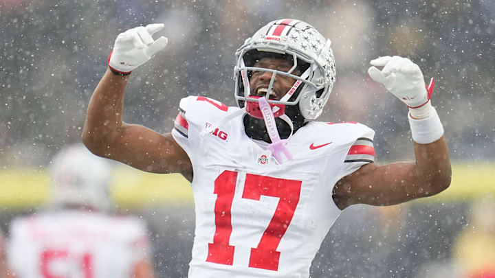 Ohio State Buckeyes wide receiver Carnell Tate (17) celebrates during the NCAA football game against the Michigan Wolverines at Michigan Stadium in Ann Arbor, Mich. on Nov. 29, 2025. Ohio State won 27-9.