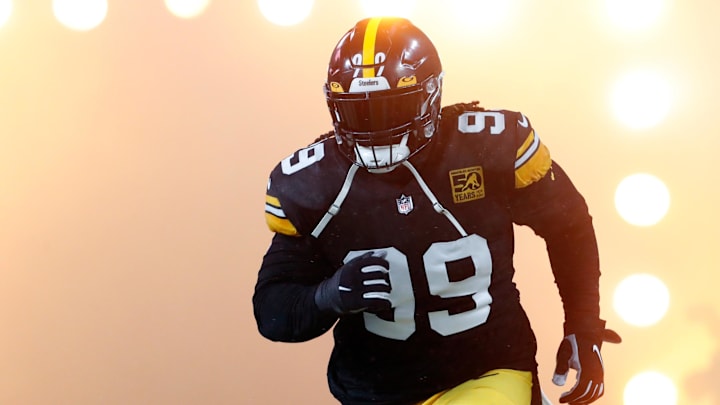 Dec 24, 2022; Pittsburgh, Pennsylvania, USA;  Pittsburgh Steelers defensive tackle Larry Ogunjobi (99) takes the field against the Las Vegas Raiders at Acrisure Stadium. Mandatory Credit: Charles LeClaire-Imagn Images