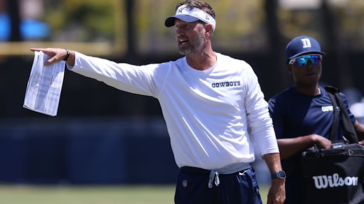 Dallas Cowboys head coach Brian Schottenheimer during training camp at the River Ridge Playing Fields in Oxnard, California.