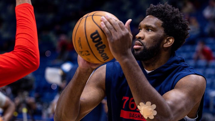Dec 30, 2022; New Orleans, Louisiana, USA; Philadelphia 76ers center Joel Embiid (21) during warm ups before the game against the New Orleans Pelicans at Smoothie King Center. Mandatory Credit: Stephen Lew-Imagn Images