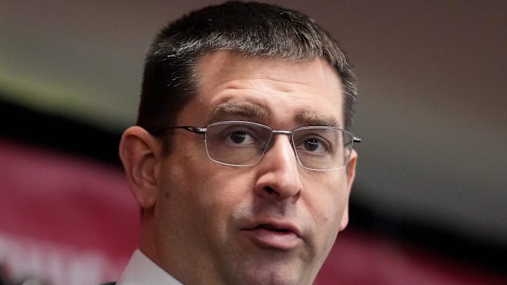 Reds president of baseball operations, Nick Krall, answers questions from the audience during a Reds on Radio affiliates luncheon at Great American Ballpark in downtown Cincinnati on Wednesday, Jan. 24, 2024.