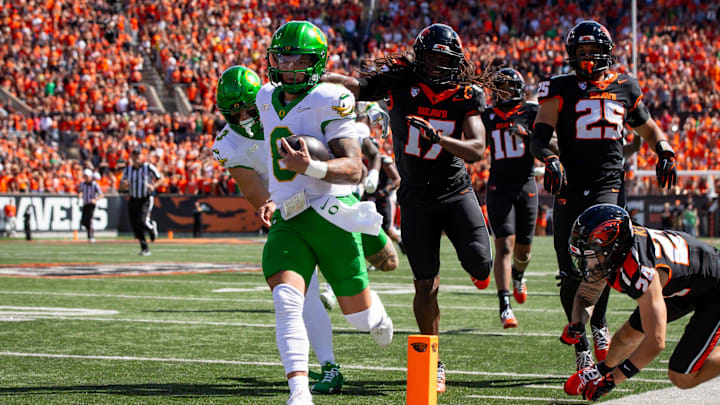 Oregon quarterback Dillon Gabriel runs for a touchdown during his team's game against Oregon State, on Saturday, Sept. 14, 2024, at Reser Stadium in Corvallis.