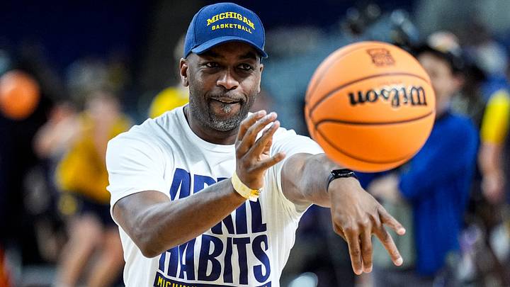 Michigan assistant coach Mike Boynton Jr. practices at open practice at Lucas Oil Stadium in Indianapolis on Friday, April 3, 2026. Michigan assistant coach Mike Boynton Jr. practices at open practice at Lucas Oil Stadium in Indianapolis on Friday, April 3, 2026.