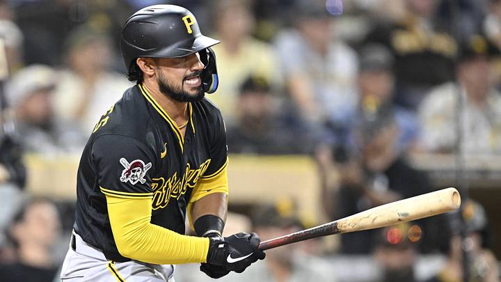 Aug 24, 2026; San Diego, California, USA;  Pittsburgh Pirates designated hitter Nick Gonzales (3) hits an RBI single during the 12th inning against the San Diego Padres at Petco Park.  Mandatory Credit: Denis Poroy-Imagn Images