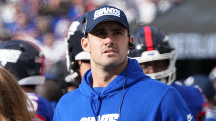 East Rutherford, NJ October 22, 2023 -- Daniel Jones of the Giants on the sidelines in the second half. The NY Giants host the Washington Commanders at MetLife Stadium in East Rutherford, NJ on October 22, 2023. East Rutherford, NJ October 22, 2023 -- Daniel Jones of the Giants on the sidelines in the second half. The NY Giants host the Washington Commanders at MetLife Stadium in East Rutherford, NJ on October 22, 2023.
