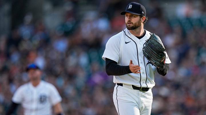 Detroit Tigers pitcher Casey Mize (12) celebrates a double play against Los Angeles Angels during the first inning at Comerica Park in Detroit on Wednesday, May 27, 2026. Detroit Tigers pitcher Casey Mize (12) celebrates a double play against Los Angeles Angels during the first inning at Comerica Park in Detroit on Wednesday, May 27, 2026.