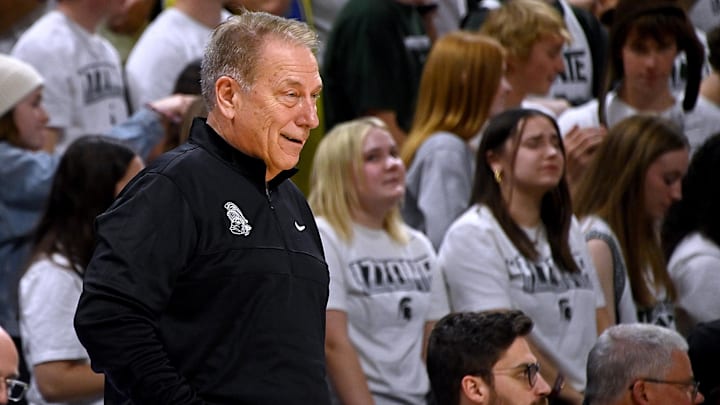 Nov 17, 2023; East Lansing, Michigan, USA; Michigan State Spartans head coach Tom Izzo has a smile at the end of the game against the Butler Bulldogs at Jack Breslin Student Events Center. Mandatory Credit: Dale Young-Imagn Images