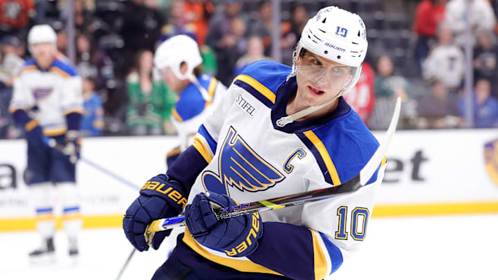 Mar 7, 2025; Anaheim, California, USA; St. Louis Blues center Brayden Schenn skates during warmups before a game against the Anaheim Ducks at Honda Center.