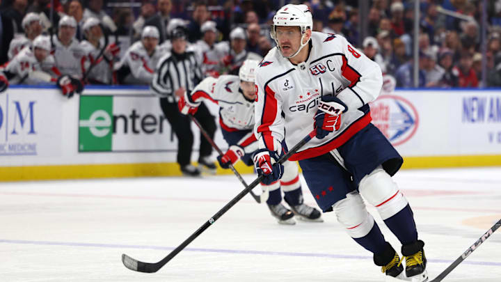 Jan 6, 2025; Buffalo, New York, USA;  Washington Capitals left wing Alex Ovechkin (8) skates with the puck during the third period against the Buffalo Sabres at KeyBank Center. Mandatory Credit: Timothy T. Ludwig-Imagn Images
