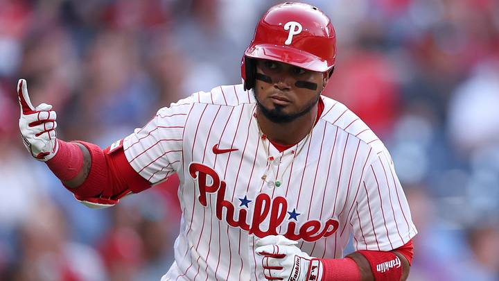Aug 19, 2026; Philadelphia, Pennsylvania, USA; Philadelphia Phillies second baseman Luis Arraez (4) reacts while running the bases on a single against the Miami Marlins during the second inning at Citizens Bank Park. Mandatory Credit: Bill Streicher-Imagn Images