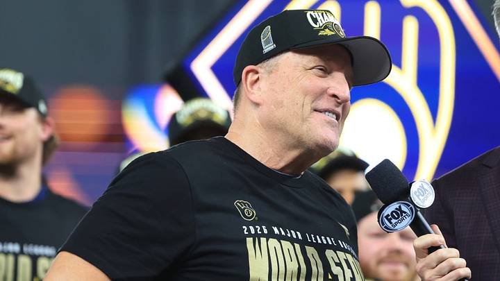Oct 28, 2026; St. Petersburg, Florida, USA; Milwaukee Brewers manager Pat Murphy (00) is interviewed during the trophy presentation after defeating the Tampa Bay Rays in game five of the 2026 World Series at Tropicana Field. Mandatory Credit: Kim Klement Neitzel-Imagn Images Oct 28, 2026; St. Petersburg, Florida, USA; Milwaukee Brewers manager Pat Murphy (00) is interviewed during the trophy presentation after defeating the Tampa Bay Rays in game five of the 2026 World Series at Tropicana Field. Mandatory Credit: Kim Klement Neitzel-Imagn Images