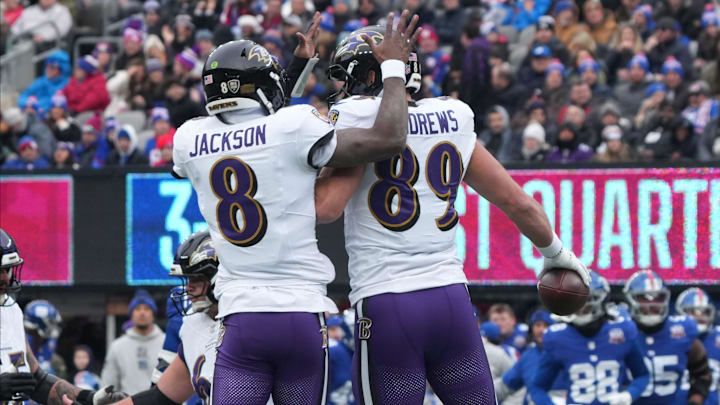 East Rutherford, NJ -- December 15, 2024 -- Lamar Jackson and Mark Andrews of the Ravens after Andrews scored a TD in the first half. The Baltimore Ravens came to MetLife Stadium to play the New York Giants.