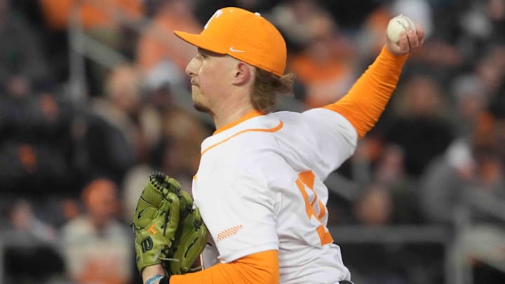 Tennessee pitcher Tanner Franklin (50) throws a pitch at the Tennessee baseball season opener against Hofstra, in Lindsey Nelson Stadium at University of Tennessee in Knoxville, Tenn., Friday, February. 14, 2025. Tennessee pitcher Tanner Franklin (50) throws a pitch at the Tennessee baseball season opener against Hofstra, in Lindsey Nelson Stadium at University of Tennessee in Knoxville, Tenn., Friday, February. 14, 2025.