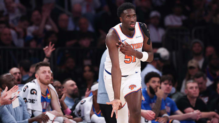 Mar 4, 2026; New York, New York, USA; New York Knicks forward Mohamed Diawara (51) reacts after making a three point basket during the first half against the Oklahoma City Thunder at Madison Square Garden. Mandatory Credit: Vincent Carchietta-Imagn Images