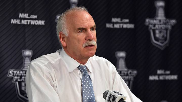 Apr 25, 2016; St. Louis, MO, USA; Chicago Blackhawks head coach Joel Quenneville speaks with the media after the St. Louis Blues defeat the St. Louis Blues 3-2 in game seven of the first round of the 2016 Stanley Cup Playoffs at Scottrade Center. Mandatory Credit: Jasen Vinlove-Imagn Images