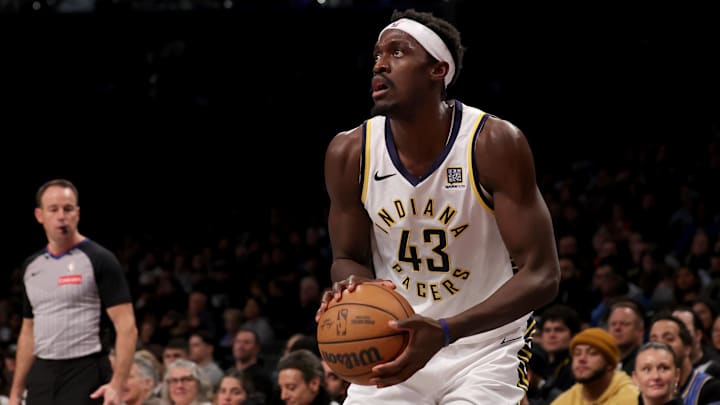 Dec 4, 2024; Brooklyn, New York, USA; Indiana Pacers forward Pascal Siakam (43) looks to shoot the ball against the Brooklyn Nets during the second quarter at Barclays Center. Mandatory Credit: Brad Penner-Imagn Images