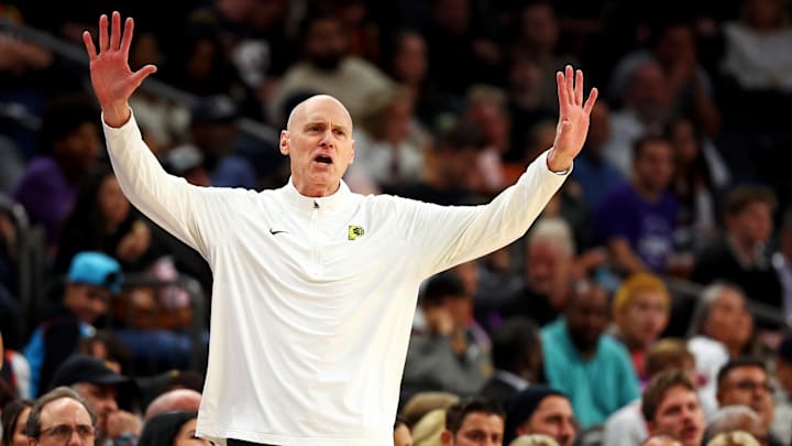 Dec 19, 2024; Phoenix, Arizona, USA; Indiana Pacers head coach Rick Carlisle reacts from the sidelines during the fourth quarter against the Phoenix Suns at Footprint Center. Mandatory Credit: Mark J. Rebilas-Imagn Images