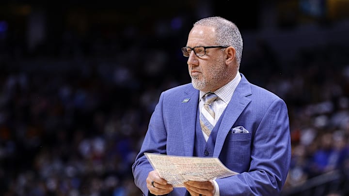 Mar 22, 2025; Denver, CO, USA; Texas A&M Aggies head coach Buzz Williams during the first half in the second round of the NCAA Tournament  at Ball Arena. Mandatory Credit: Isaiah J. Downing-Imagn Images