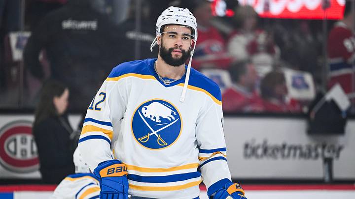 May 16, 2026; Montreal, Quebec, CAN; Buffalo Sabres left wing Jordan Greenway (12) looks on during warm-up before the game against the Montreal Canadiens in game six of the second round of the 2026 Stanley Cup Playoffs at Bell Centre. Mandatory Credit: David Kirouac-Imagn Images