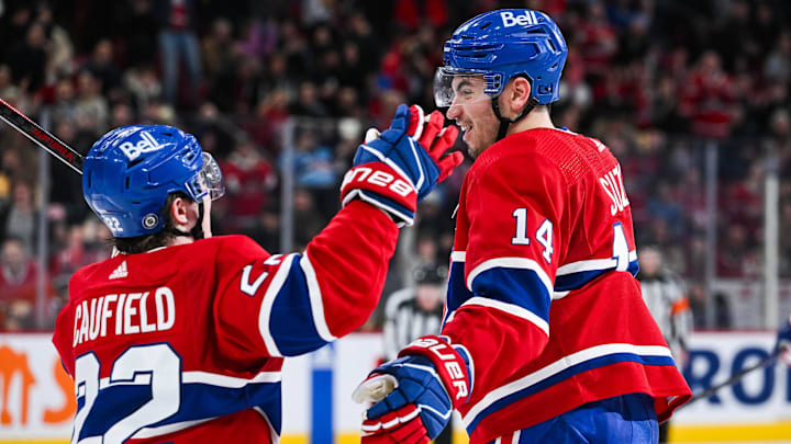 Feb 13, 2024; Montreal, Quebec, CAN; Montreal Canadiens center Nick Suzuki (14) celebrates his