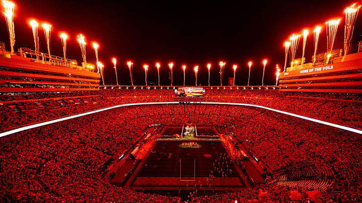 Fireworks go off over Neyland Stadium as Tennessee runs through the T before a college football game against Mississippi State in Knoxville, Tenn., on Saturday, Nov. 9, 2024.