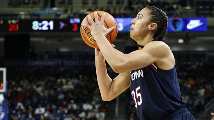 Feb 4, 2026; Chicago, Illinois, USA; UConn Huskies guard Azzi Fudd (35) shoots against the DePaul Blue Demons during the second half at Wintrust Arena. Mandatory Credit: Kamil Krzaczynski-Imagn Images