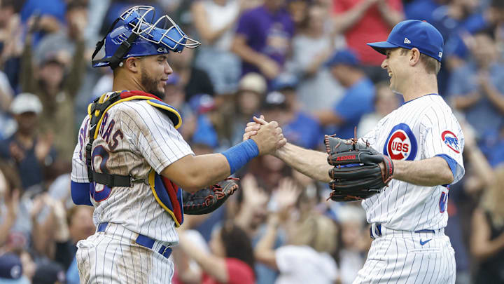 Jul 17, 2022; Chicago, Illinois, USA; Chicago Cubs relief pitcher David Robertson (37) celebrates a