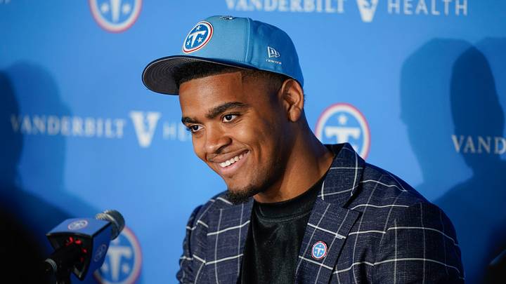 Edge defender Keldric Faulk takes questions at the Titans' practice facility in Nashville, Tenn., Friday, April 24, 2026. He was the Titans second draft pick for 2026.