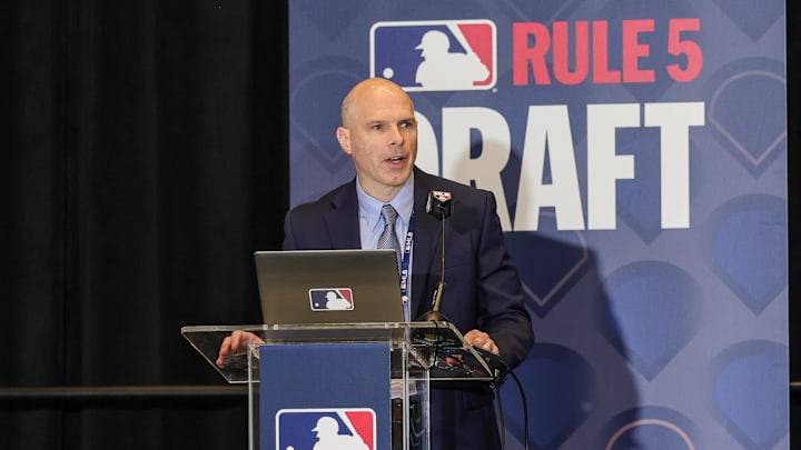 Dec 10, 2025; Orlando, FL, USA; MLB vice president of baseball operations Jeff Pfeifer leads the Rule 5 Draft during the 2025 MLB Winter Meetings at Signia by Hilton Hotel. Mandatory Credit: Mike Watters-Imagn Images Dec 10, 2025; Orlando, FL, USA; MLB vice president of baseball operations Jeff Pfeifer leads the Rule 5 Draft during the 2025 MLB Winter Meetings at Signia by Hilton Hotel. Mandatory Credit: Mike Watters-Imagn Images