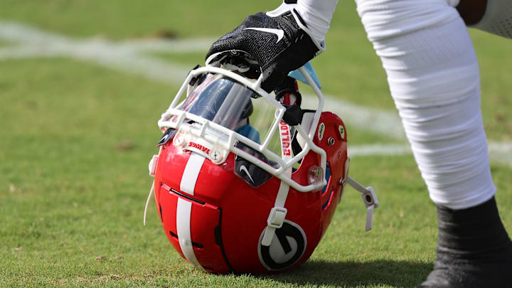 Oct 28, 2023; Jacksonville, Florida, USA; A detail view of a Georgia Bulldogs helmet prior to the game against the Florida Gators at EverBank Stadium. Mandatory Credit: Kim Klement Neitzel-Imagn Images