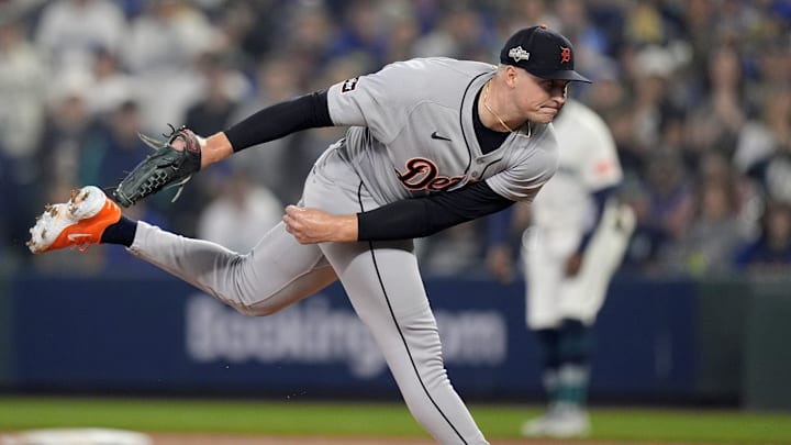 Tigers pitcher Tarik Skubal throws against the Mariners during the first inning of ALDS Game 5 at T-Mobile Park in Seattle on Friday, Oct. 10, 2025.