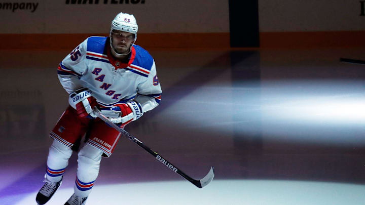 Mar 16, 2024; Pittsburgh, Pennsylvania, USA;  New York Rangers defenseman Ryan Lindgren (55) take the ice against the Pittsburgh Penguins during the first period at PPG Paints Arena. Mandatory Credit: Charles LeClaire-Imagn Images