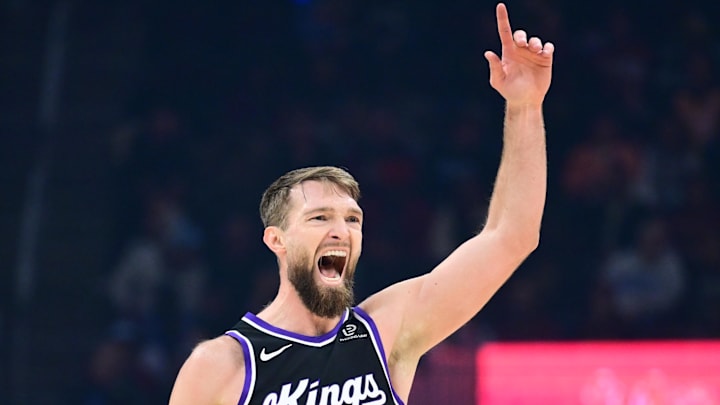 Jan 23, 2026; Cleveland, Ohio, USA; Sacramento Kings forward Domantas Sabonis (11) celebrates after hitting a three point basket against the Cleveland Cavaliers during the first half at Rocket Arena. Mandatory Credit: Ken Blaze-Imagn Images
