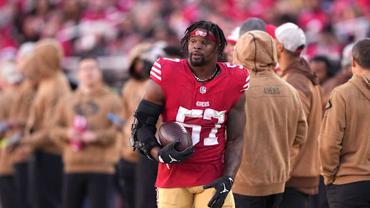 Nov 19, 2023; Santa Clara, California, USA; San Francisco 49ers linebacker Dre Greenlaw (57) during the third quarter against the Tampa Bay Buccaneers at Levi's Stadium. Mandatory Credit: Darren Yamashita-Imagn Images