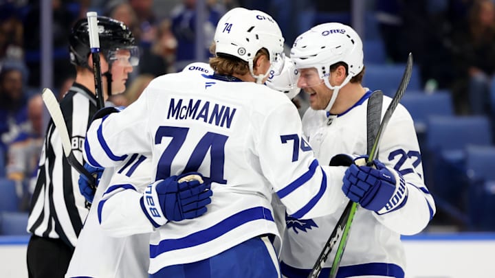 Dec 20, 2024; Buffalo, New York, USA;  Toronto Maple Leafs center Bobby McMann (74) celebrates his goal with teammates during the first period against the Buffalo Sabres at KeyBank Center. Mandatory Credit: Timothy T. Ludwig-Imagn Images